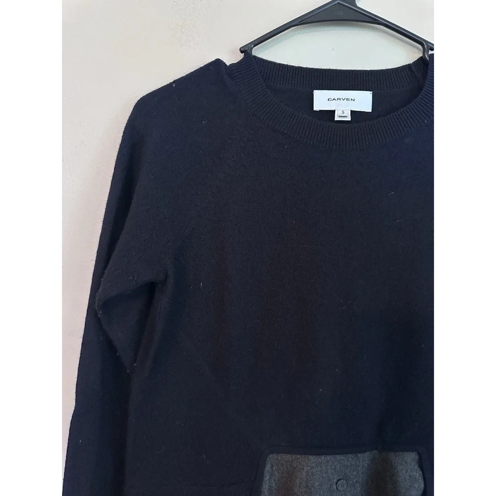 Carven 100% Wool SMALL Layered Sweater Crew Neck Navy Blue Dress Shirt Structure